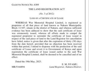 Gazette Notice reverting Nakuru War Memorial to the Government