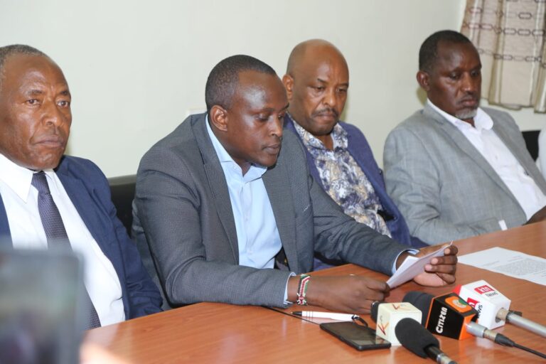CS Samuel Mwaura flanked by other leaders address the media on Nakuru War Memorial Hospital