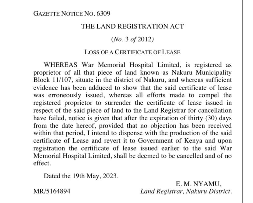 Gazette Notice reverting Nakuru War Memorial to the Government